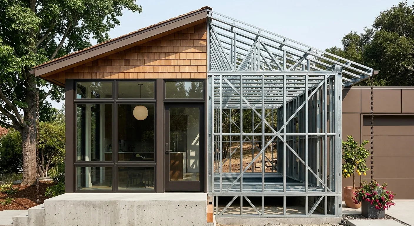 Steel frame cutaway showing structural skeleton beside finished home