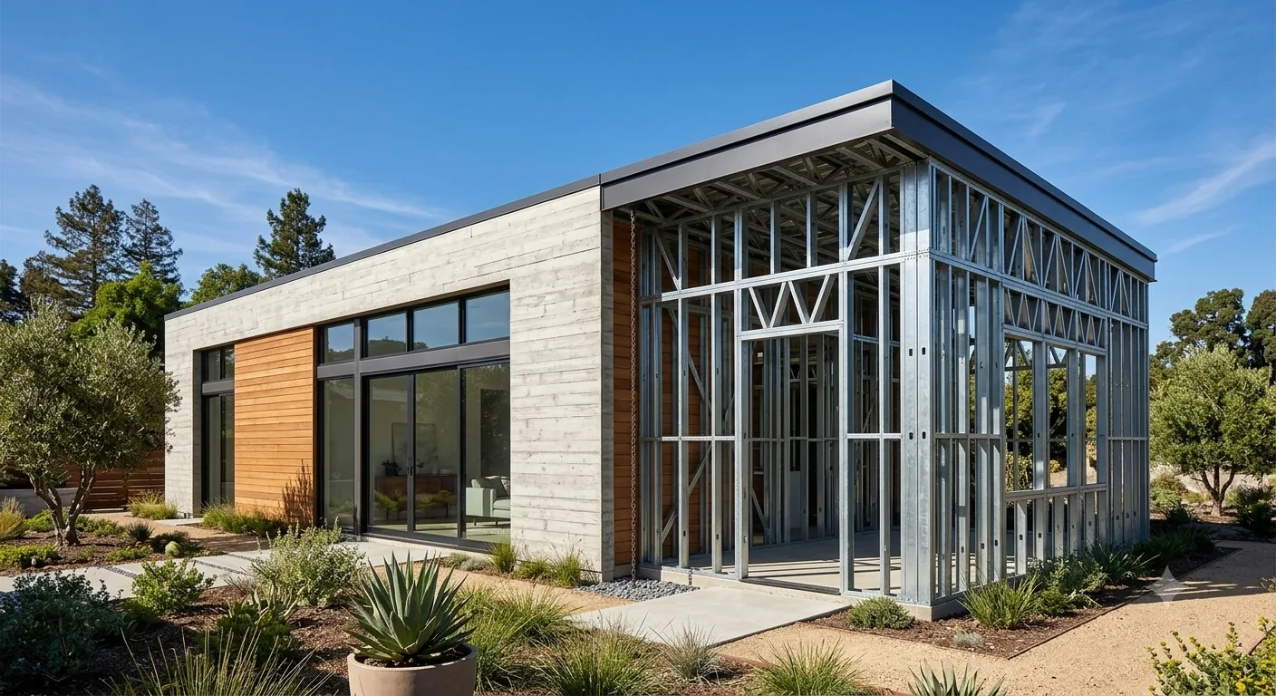 Light gauge steel frame home, finished modern exterior alongside the exposed steel structural frame